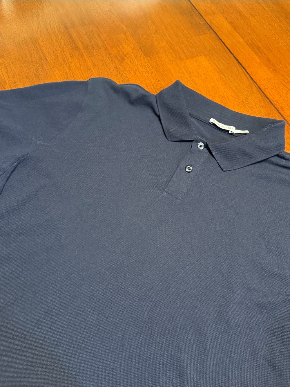 Moncler Mens Polo Shirt Blue Logo Cotton Stretch Red White Accent Stripe Sz XL